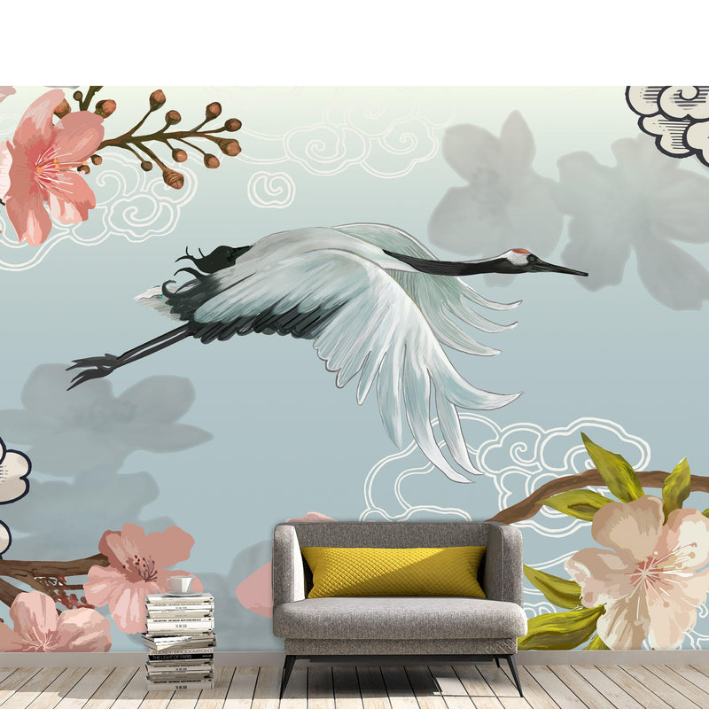 Manchurian Crane Flying Over Cherry Blossoms Peel and Stick Wallpaper | Removable Wall Mural.