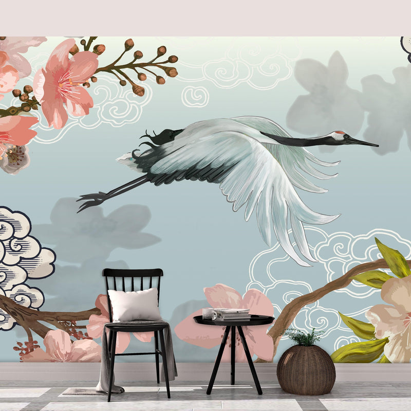 Manchurian Crane Flying Over Cherry Blossoms Peel and Stick Wallpaper | Removable Wall Mural.