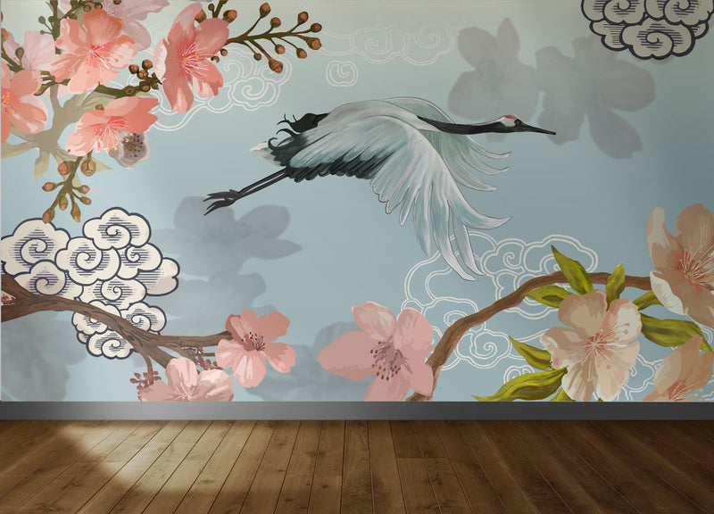 Manchurian Crane Flying Over Cherry Blossoms Peel and Stick Wallpaper | Removable Wall Mural.