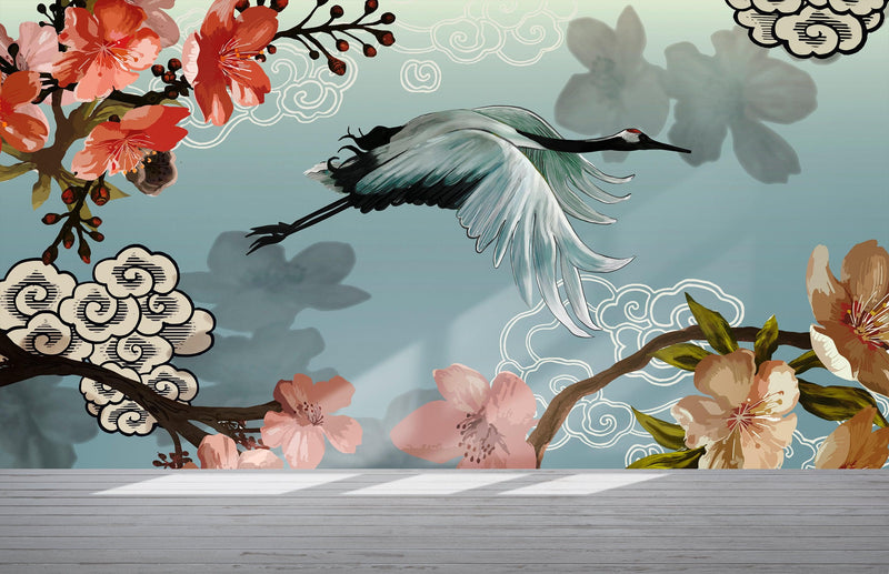 Manchurian Crane Flying Over Cherry Blossoms Peel and Stick Wallpaper | Removable Wall Mural.