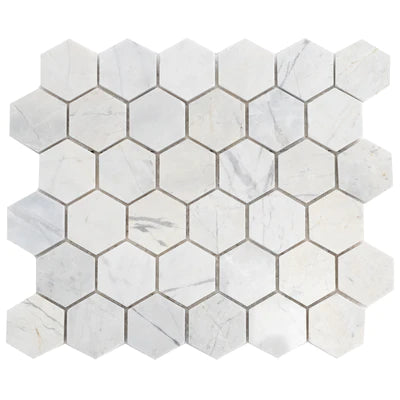 Palia White Polished Dolomite 2" Hexagons on 12" x 12" Mesh Mosaic Tile