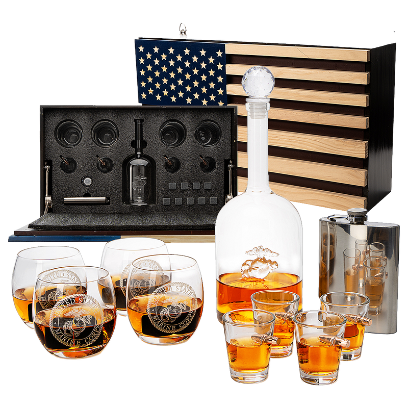 Marine Big Box Wall Decor Murphy with Decanter, 4 whiskey glasses, 4 shot glasses, marine flask, marine gifts