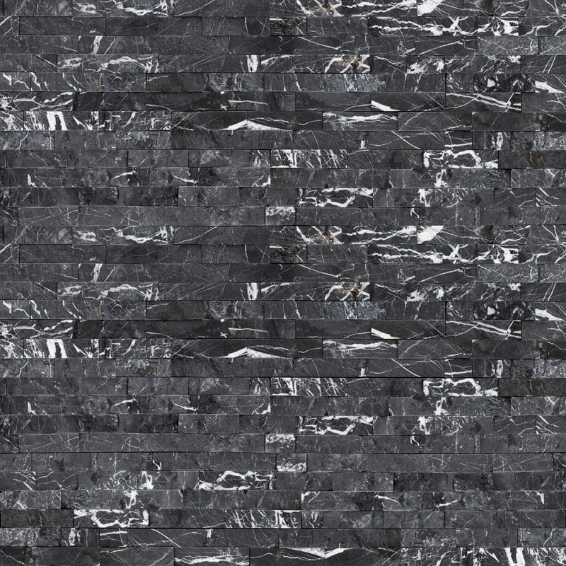 Marquina nero ledger panel 6x24 splitface marble wall tile LPNLMMARNER624 product shot wall view