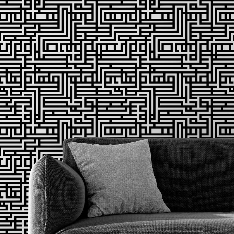 Abstract Maze Black and White Wallpaper Mural.