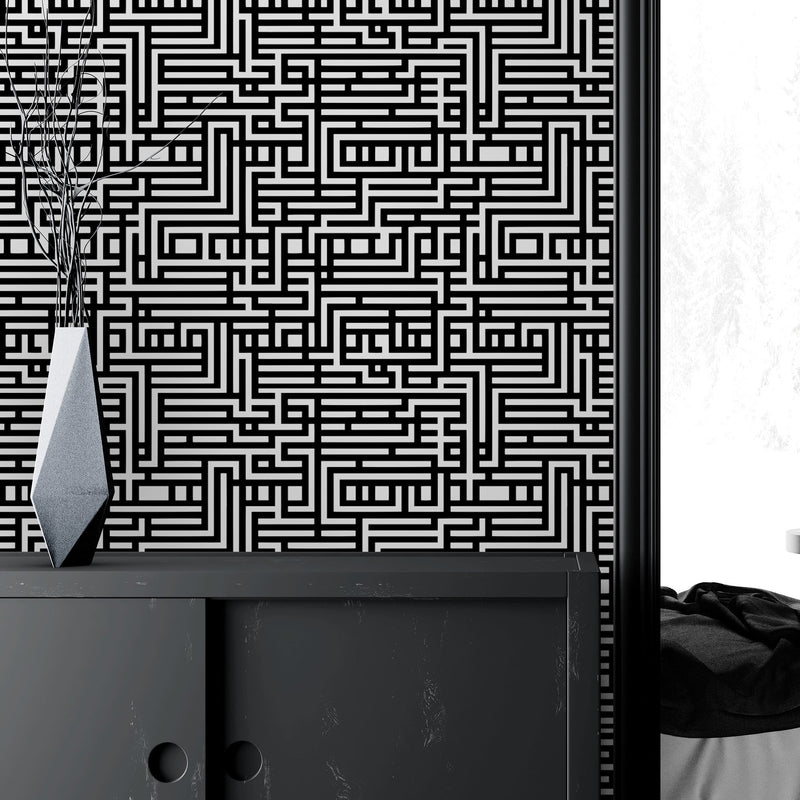 Abstract Maze Black and White Wallpaper Mural.