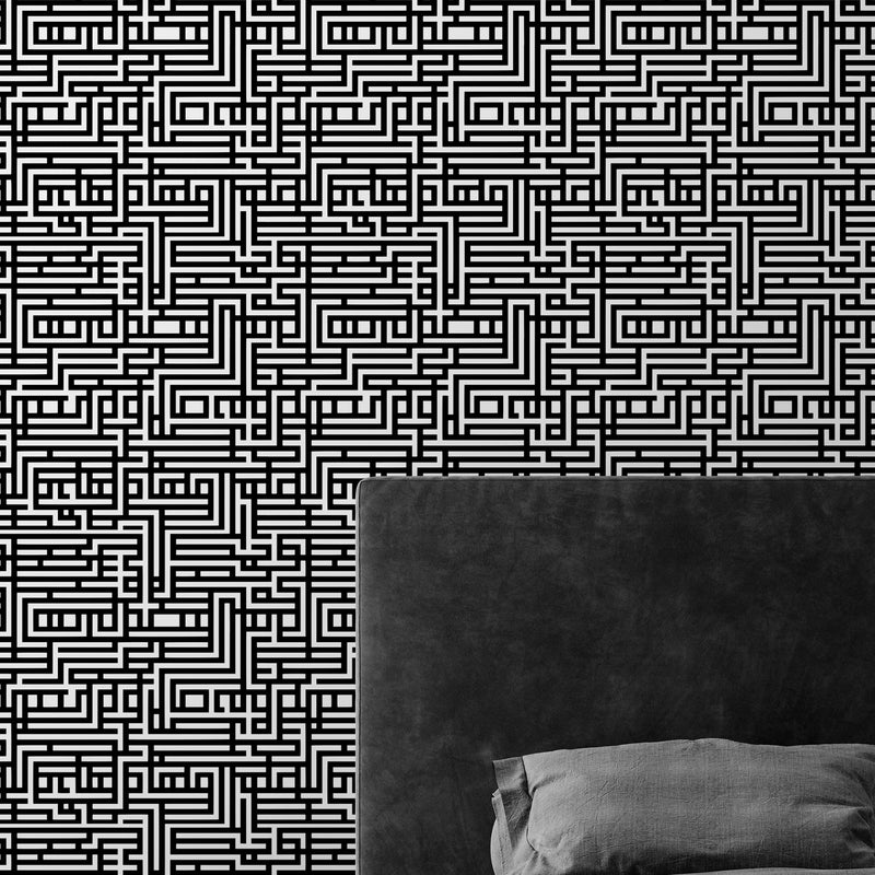 Abstract Maze Black and White Wallpaper Mural.