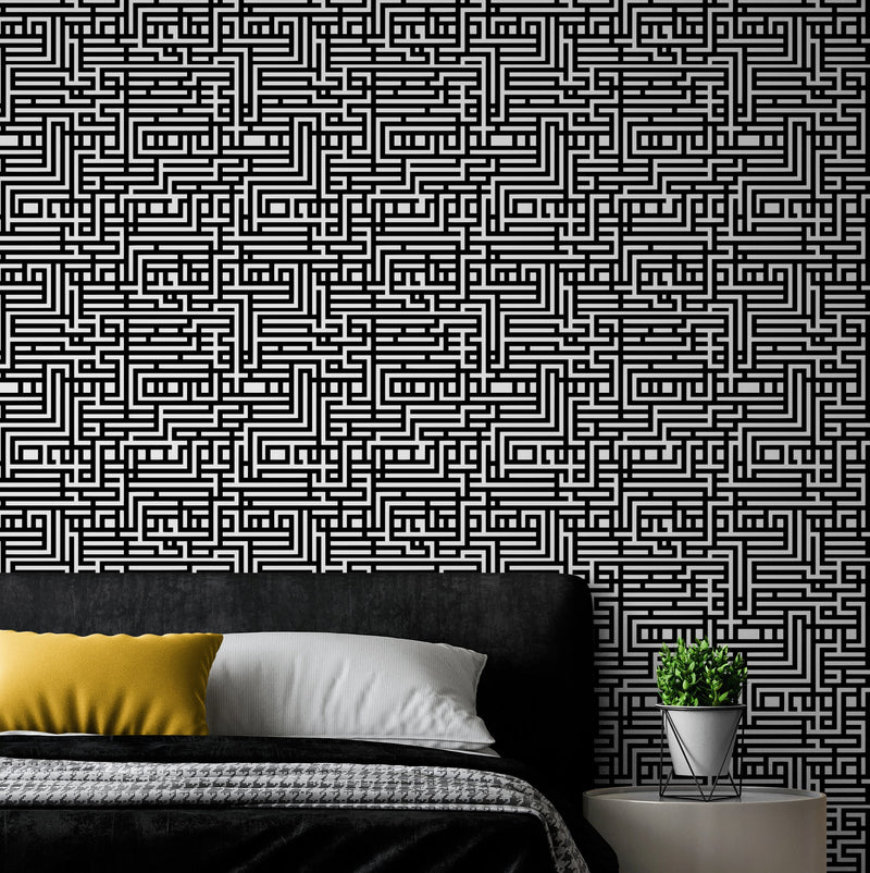 Abstract Maze Black and White Wallpaper Mural.