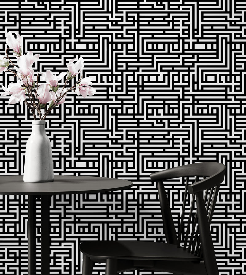 Abstract Maze Black and White Wallpaper Mural.