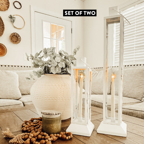 Tall Farmhouse White Metal Lanterns, Set of 2