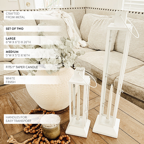 Tall Farmhouse White Metal Lanterns, Set of 2