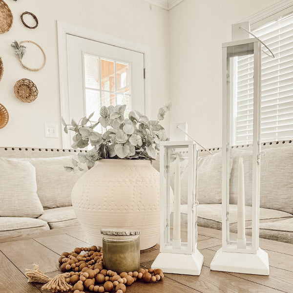 Tall Farmhouse White Metal Lanterns, Set of 2