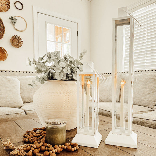 Tall Farmhouse White Metal Lanterns, Set of 2