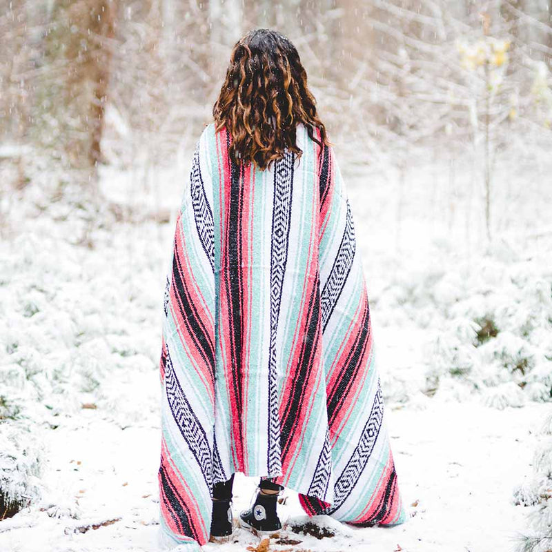 Seafoam Green & Coral Mexican Falsa Blanket