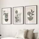 3 Piece Boho Wall Art Prints. Green Mid-Century Abstract Decor