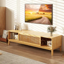 Bamboo TV Stand for TVs up to 65 Inches with Sliding Slatted Doors-Natural by LJGDeals