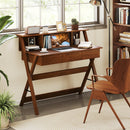 Mid Century Home Office Desk with 3 Storage Drawers and Monitor Stand-Oak