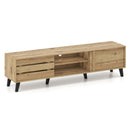 Mid Century Modern TV Stand for 80 Inch TVs with Sliding Door Cabinets and Storage Shelves-Oak
