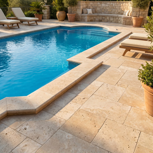 Pool area with lounge chairs and potted plants on a sunny day Travertine Miletos Ivory Tumbled Pavers