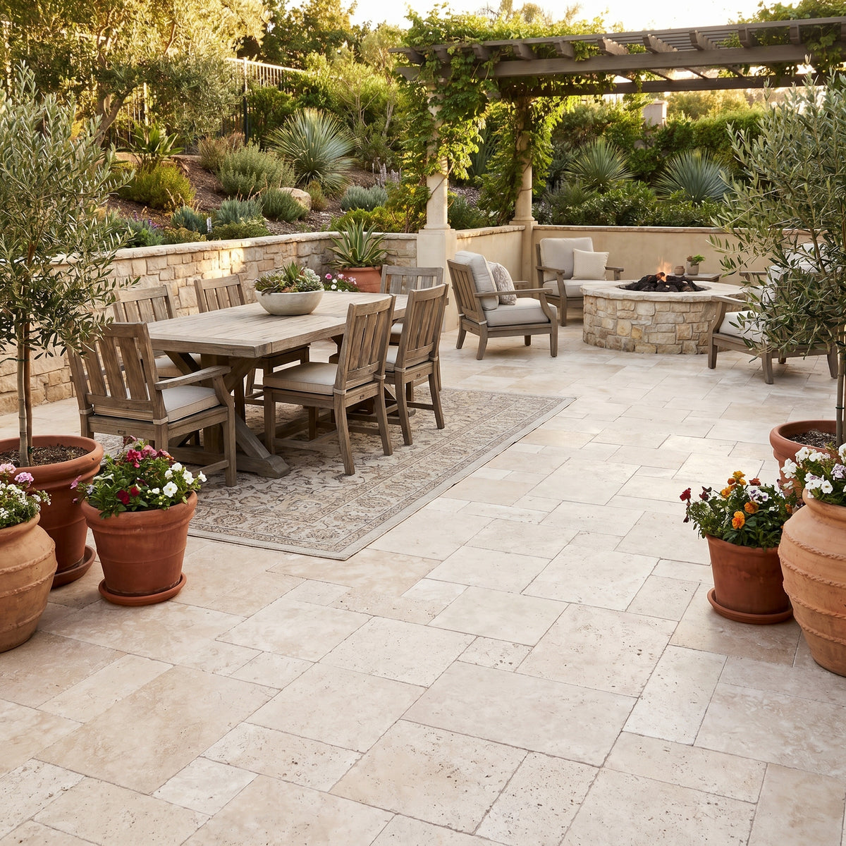 Outdoor patio with dining table, chairs, and fire pit area surrounded by potted plants. Travertine Miletos Ivory Tumbled Pavers