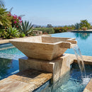 Luxury pool with stone fountain and garden view. Miletos Ivory Travertine Natural Stone Square Pool Bowl with Lip