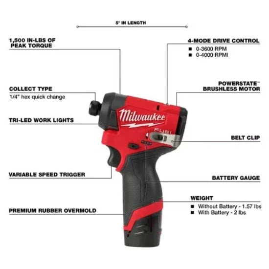 Milwaukee 3453-22 M12 FUEL™ 1/4" Hex Impact Driver Kit with (2) 2.0Ah Lithium Ion Batteries, Charger & Tool Bag