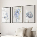 Set of 3 Blue Watercolor Minimalist Flowers Prints by Wall Art Set