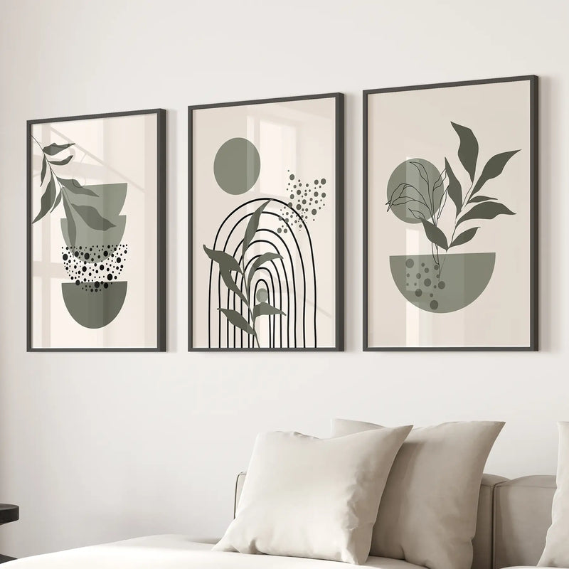 3 Piece Boho Wall Art Prints. Green Mid-Century Abstract Decor