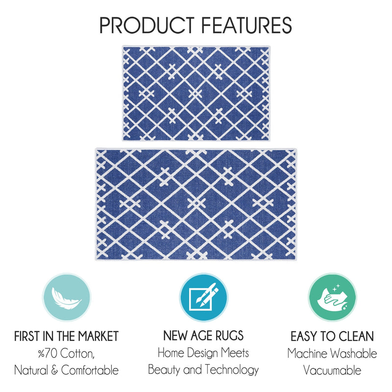Geometric Design Non Skid Washable Kitchen Runner Rugs Set of 2| 44 x 24 and 31.5 x 20 Inches Floor Mats |Navy