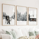 Winter-Themed Triptych with Moose, Log Cabin and Forest by Wall Art Set