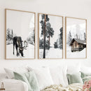 Nordic Winter 3 Piece Photo Set. Pine Forest, Moose, Log Cabin by Wall Art Set