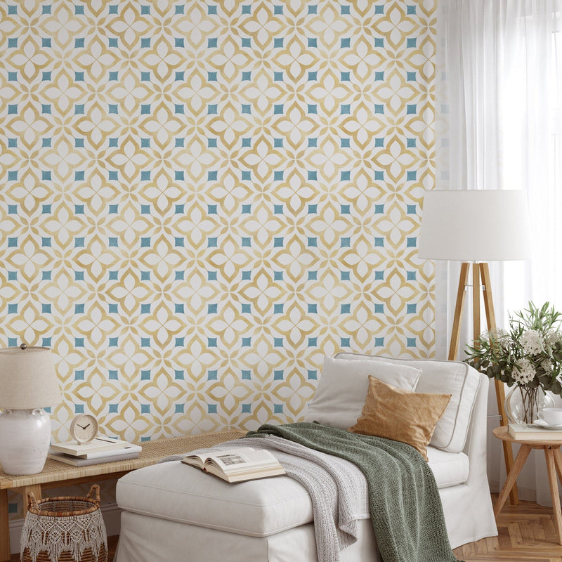 Yellow and Blue Moroccan Mosaic Peel and Stick Wallpaper