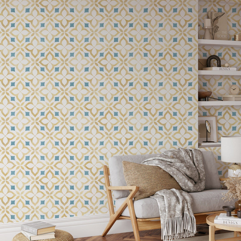 Yellow and Blue Moroccan Mosaic Peel and Stick Wallpaper