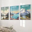 Set of 3 Travel Prints. Banff, Lake Tahoe, Mount Rainier Posters by Wall Art Set