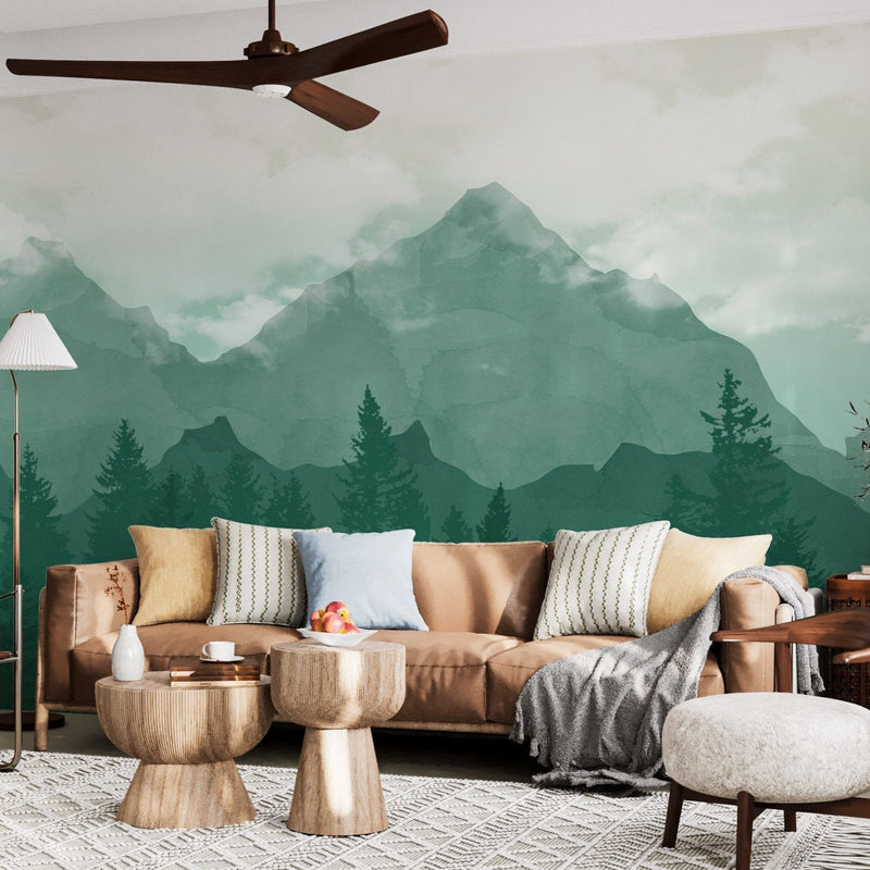 Serene Mountain Forest Wallpaper - Tranquil Green Landscape Mural