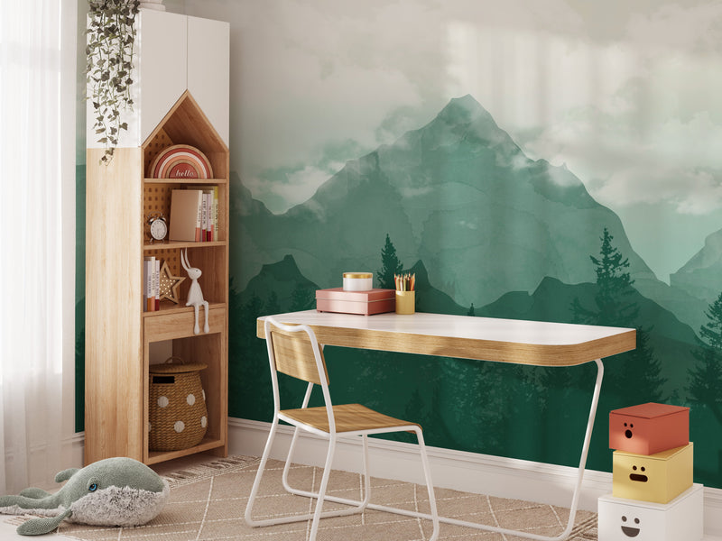 Serene Mountain Forest Wallpaper - Tranquil Green Landscape Mural