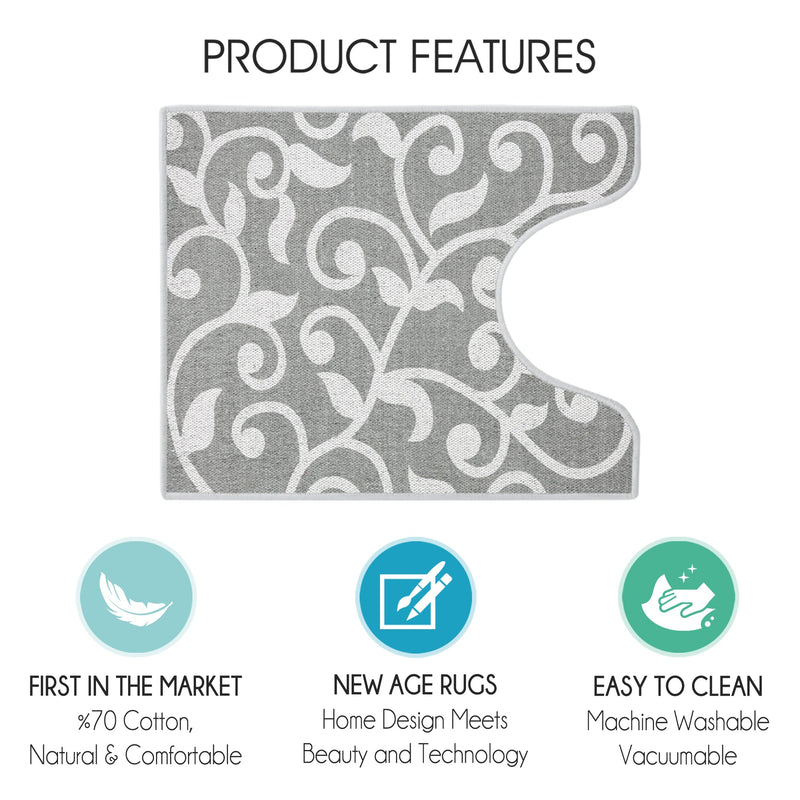 Floral Design U Shape Bathroom Rug | 20”x24" | Gray