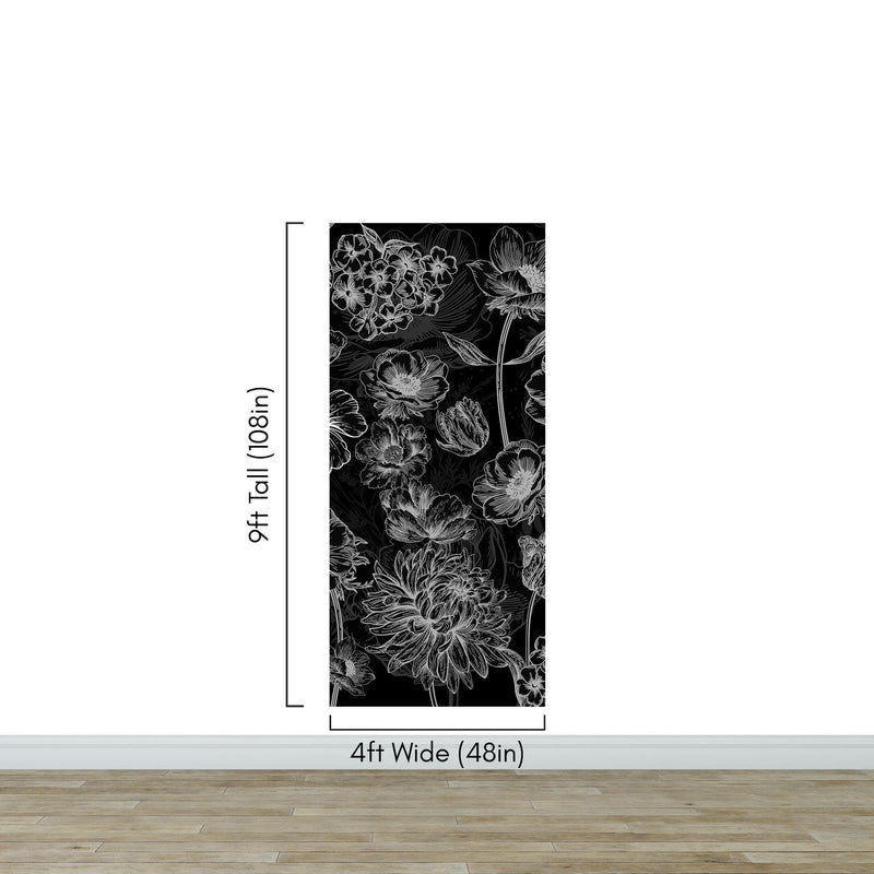 Black Floral Background, Black and White Flower Wallpaper Mural.