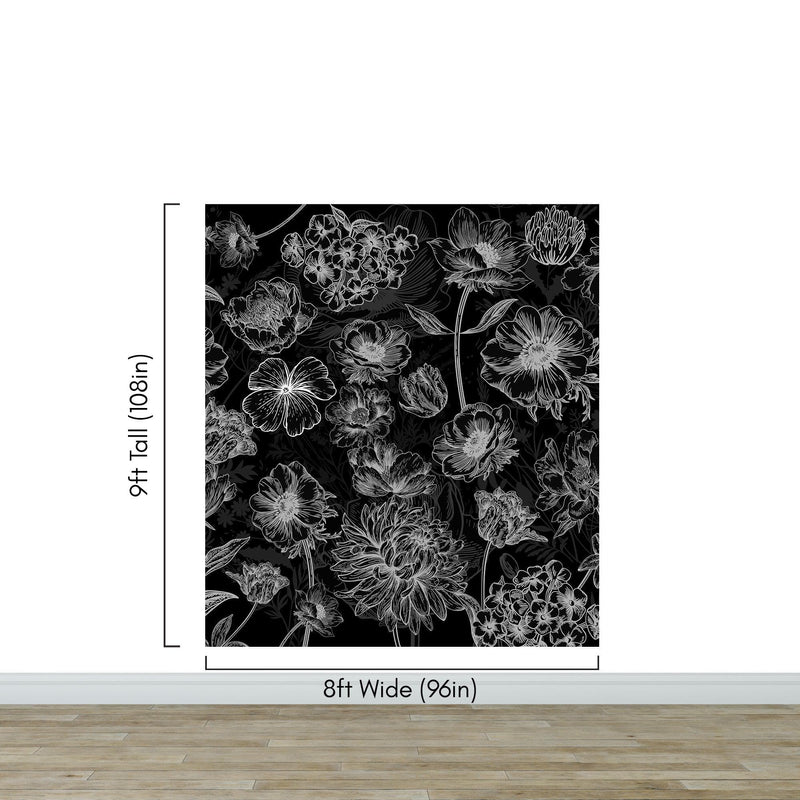 Black Floral Background, Black and White Flower Wallpaper Mural.