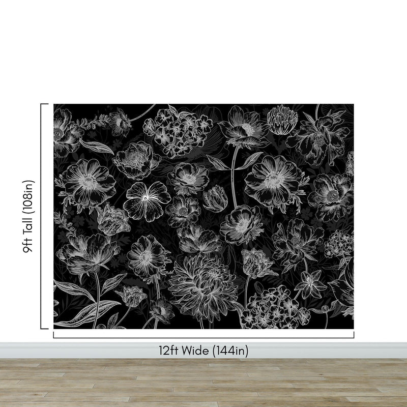 Black Floral Background, Black and White Flower Wallpaper Mural.