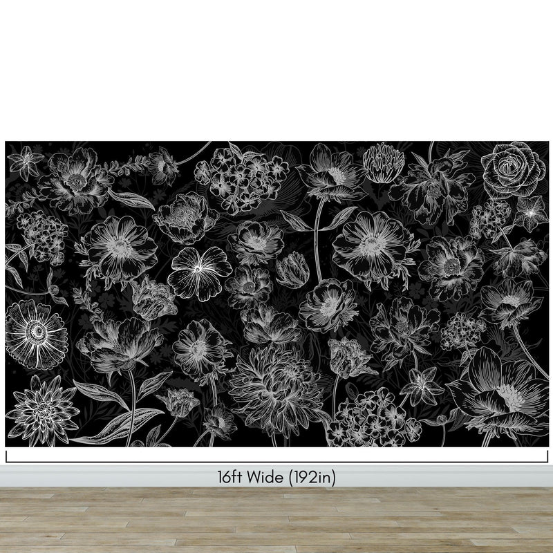 Black Floral Background, Black and White Flower Wallpaper Mural.