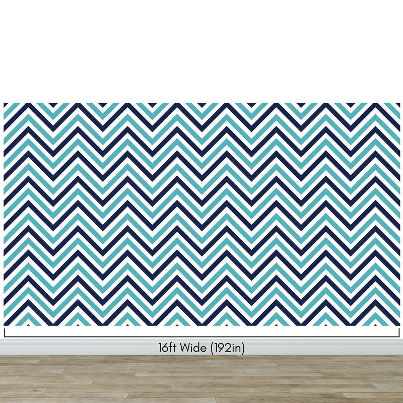 Seaside Chic Decor. Navy Blue and Teal Chevron Pattern Wallpaper.