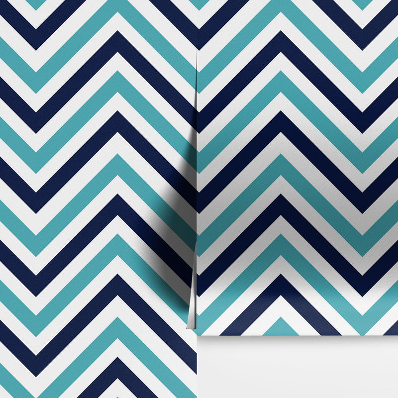 Seaside Chic Decor. Navy Blue and Teal Chevron Pattern Wallpaper.