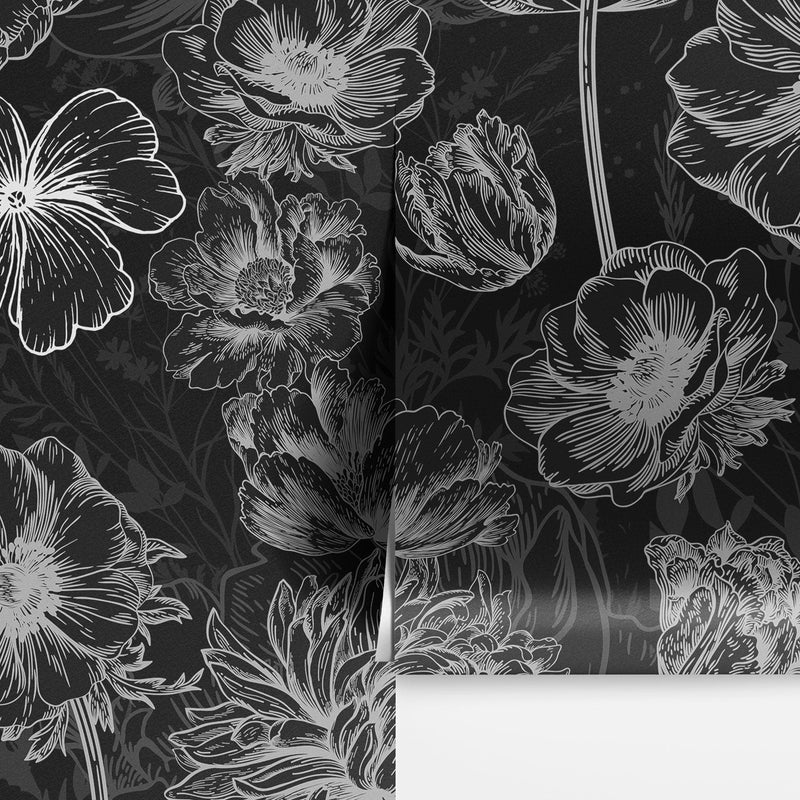 Black Floral Background, Black and White Flower Wallpaper Mural.