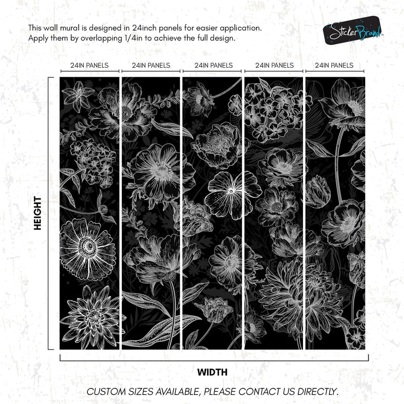 Black Floral Background, Black and White Flower Wallpaper Mural.