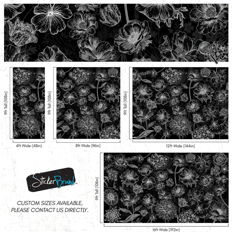 Black Floral Background, Black and White Flower Wallpaper Mural.