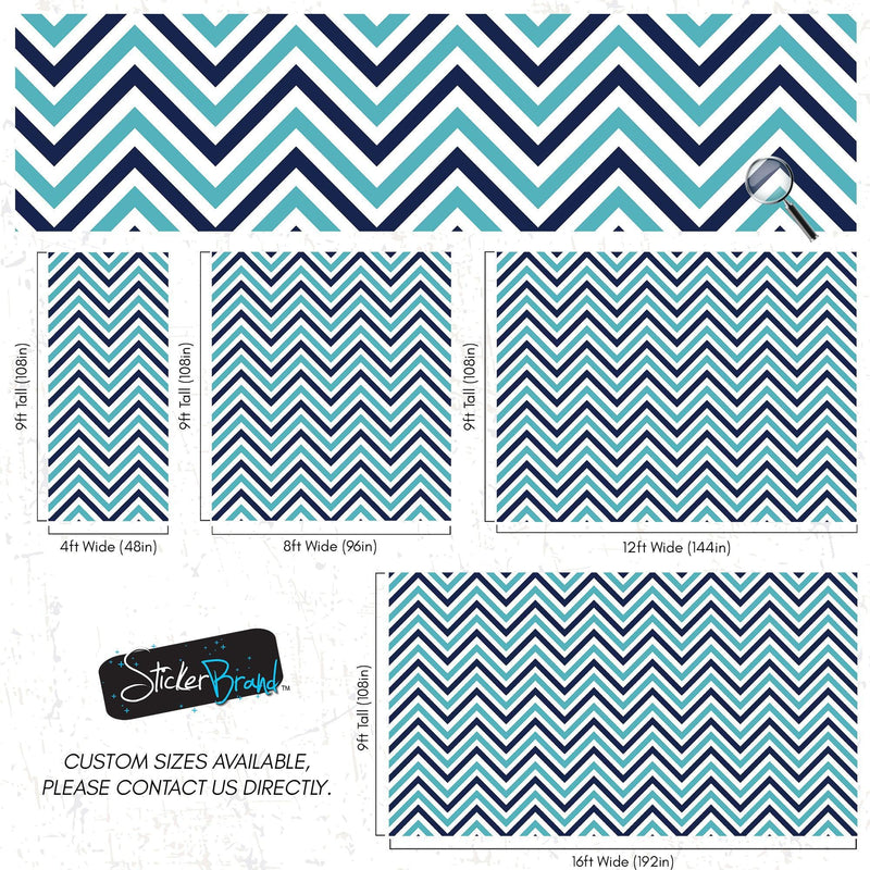 Seaside Chic Decor. Navy Blue and Teal Chevron Pattern Wallpaper.