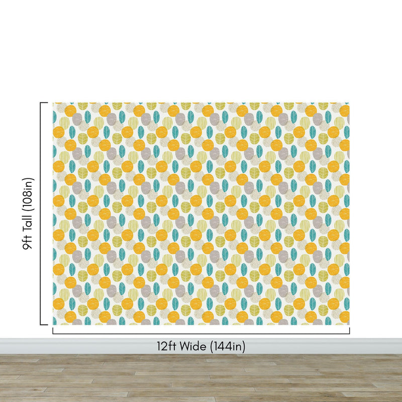 Autumn Leaves Wallpaper. Yellow, Grey, Teal Leaf Wall Mural.