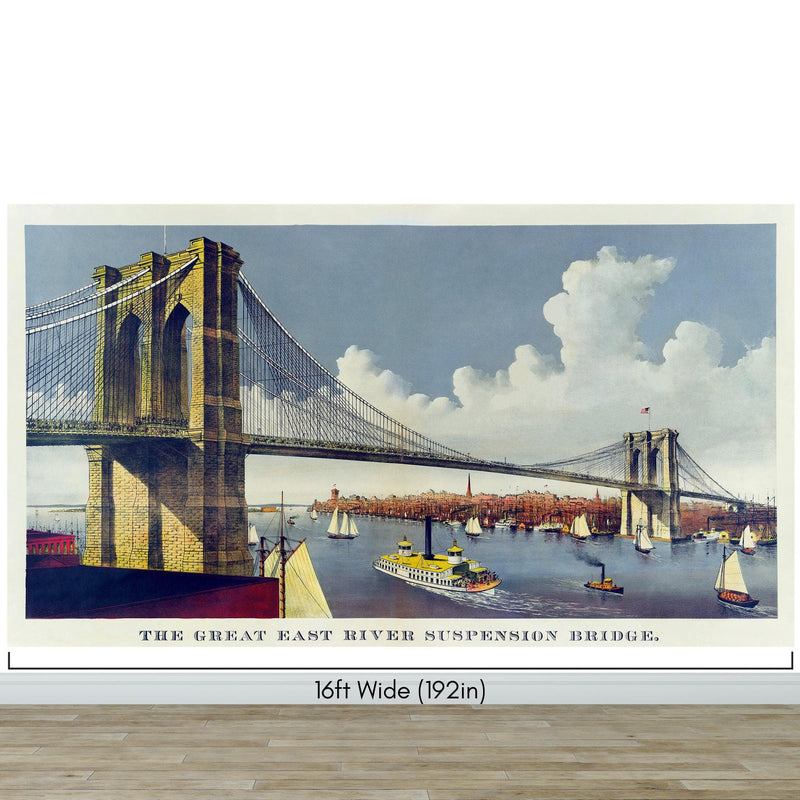 Vintage Brooklyn Bridge Illustration Wallpaper Mural - The Great East River Suspension Bridge.