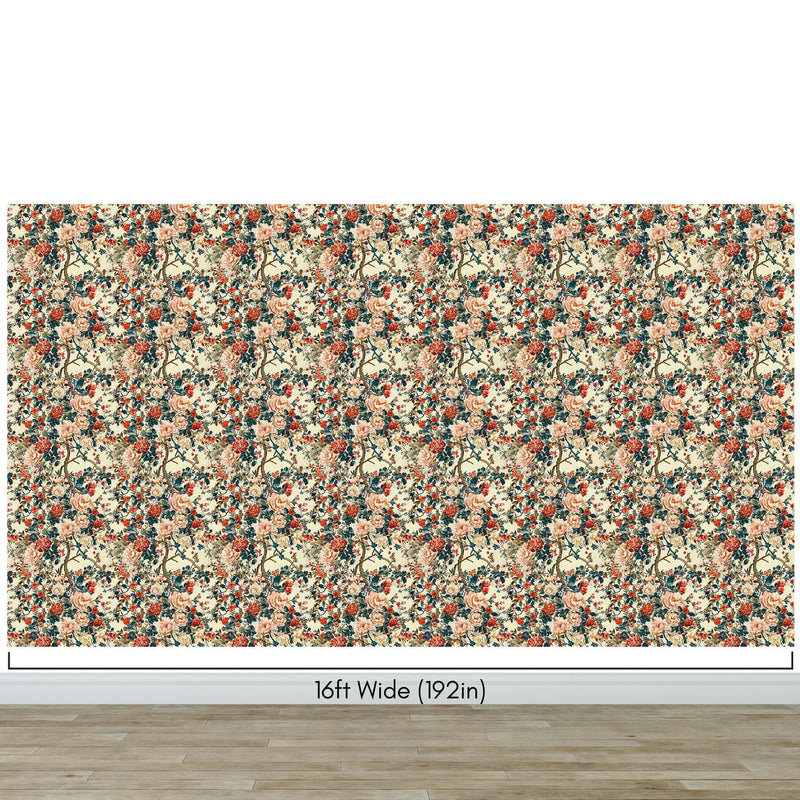 Botanical Flower Garden With Pastel Color Red, Green, Beige Background Wall Mural.