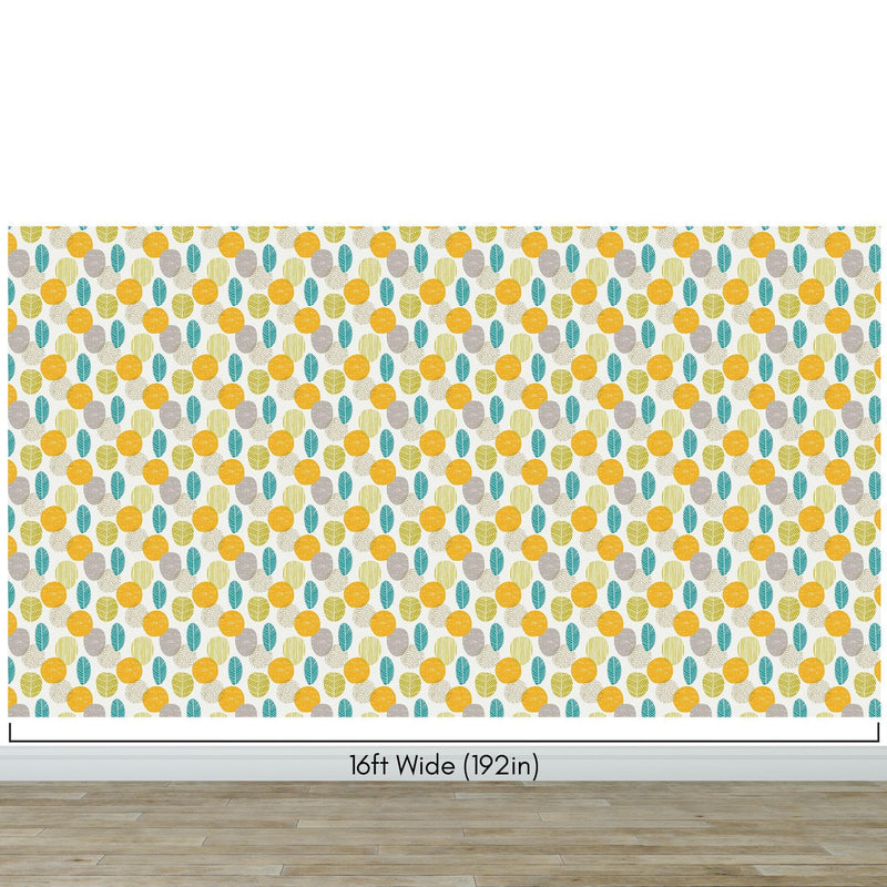 Autumn Leaves Wallpaper. Yellow, Grey, Teal Leaf Wall Mural.